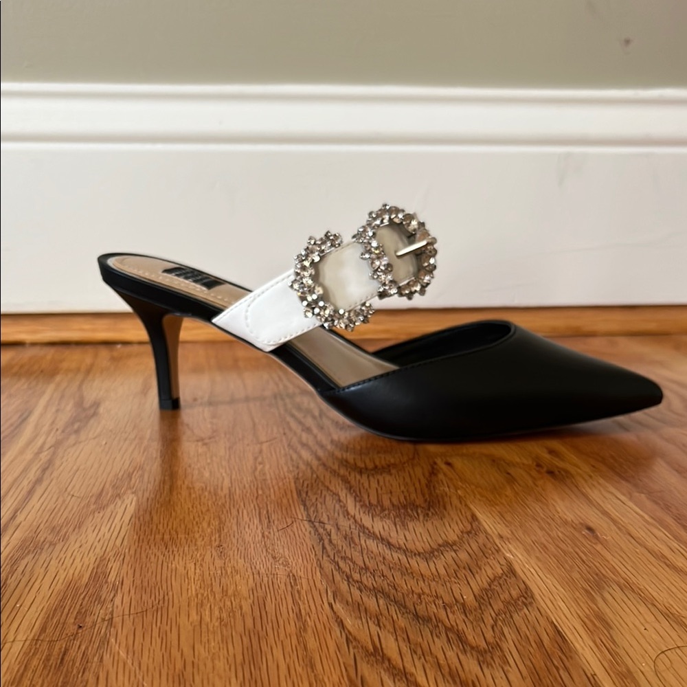 White House Black Market Black and White Heels with Crystal Embellishment